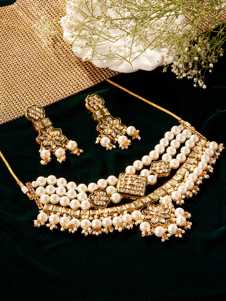 Priyaasi Epic Pearl Kundan Design Gold Plated Necklace with Floral Drop Elegance Earrings Jewellery Set