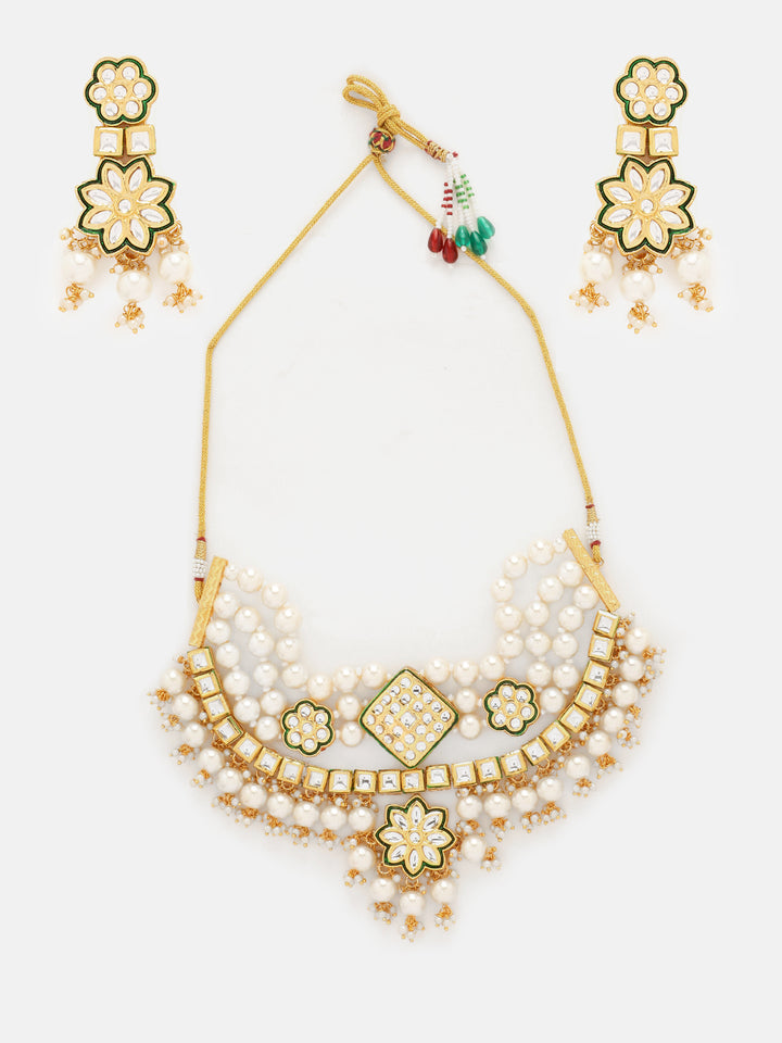 Priyaasi Epic Pearl Kundan Design Gold Plated Necklace with Floral Drop Elegance Earrings Jewellery Set