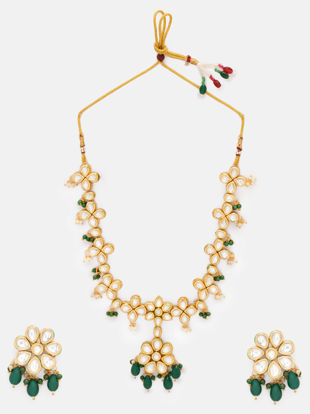 Priyaasi Floral Elegance Gold Plated Green Kundan Beads Necklace with Blooming Elegance Earrings Jewellery Set