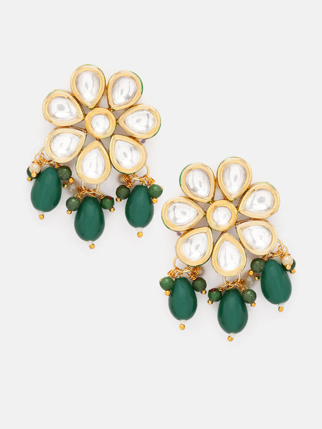 Priyaasi Floral Elegance Gold Plated Green Kundan Beads Necklace with Blooming Elegance Earrings Jewellery Set