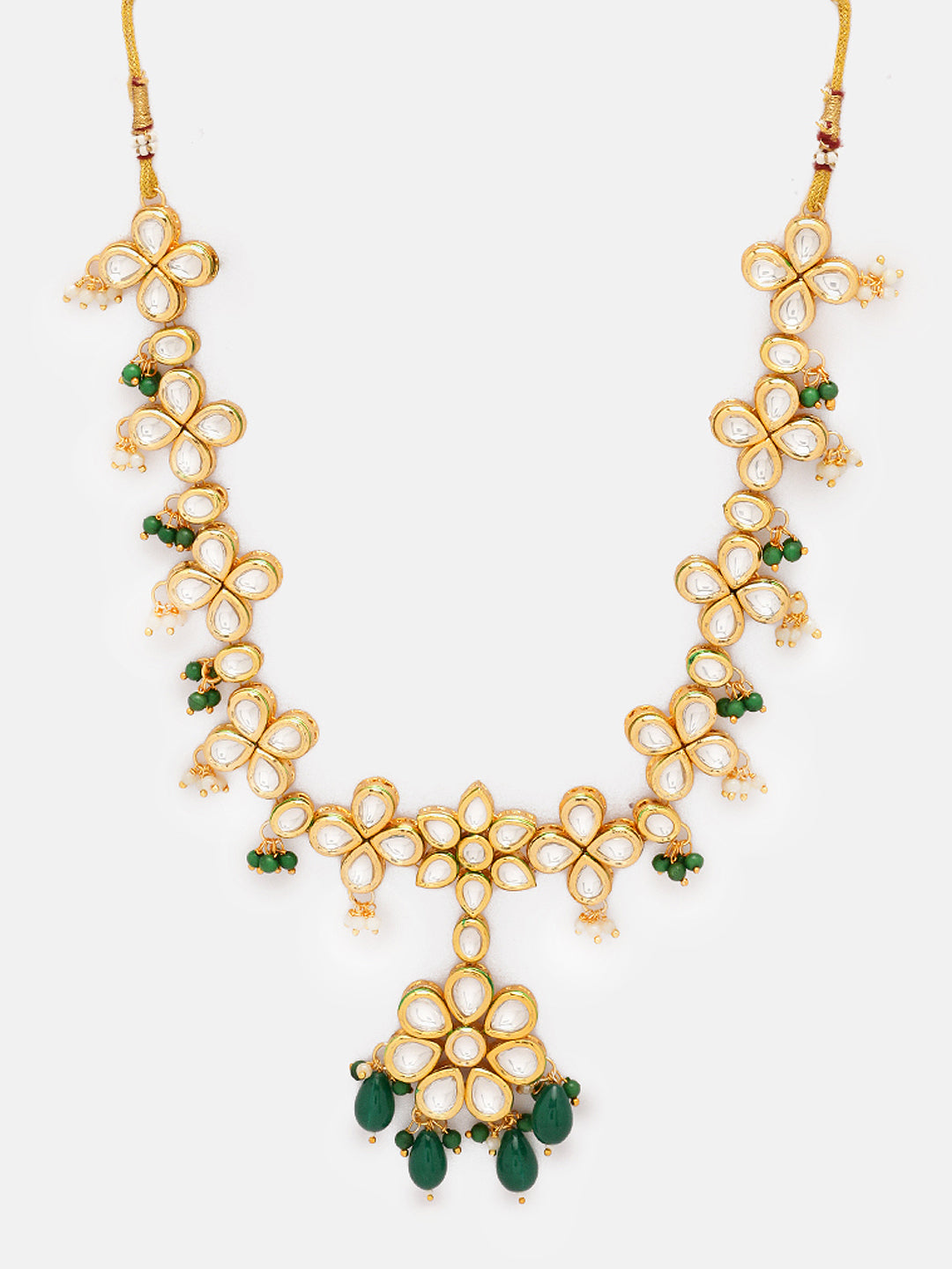 Priyaasi Floral Elegance Gold Plated Green Kundan Beads Necklace with Blooming Elegance Earrings Jewellery Set