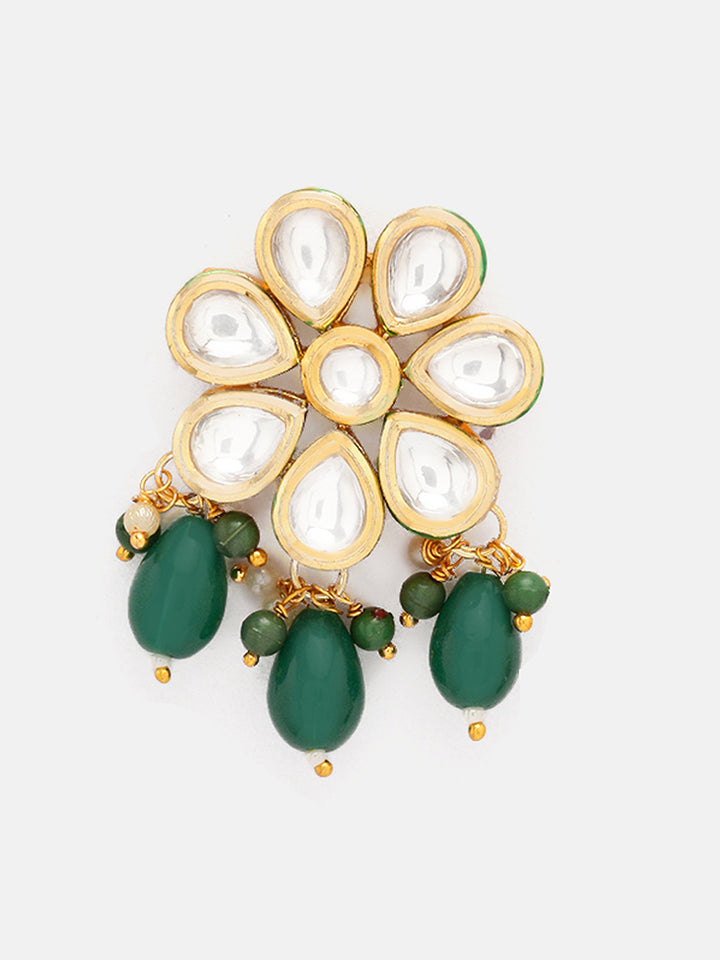 Priyaasi Floral Elegance Gold Plated Green Kundan Beads Necklace with Blooming Elegance Earrings Jewellery Set