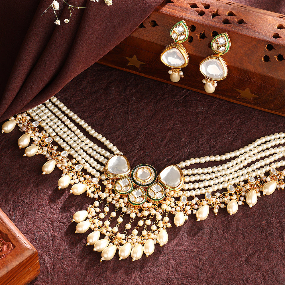 Statement Kundan Elegance Pearl Gold Plated Choker Necklace with Drop Earrings Jewellery Set