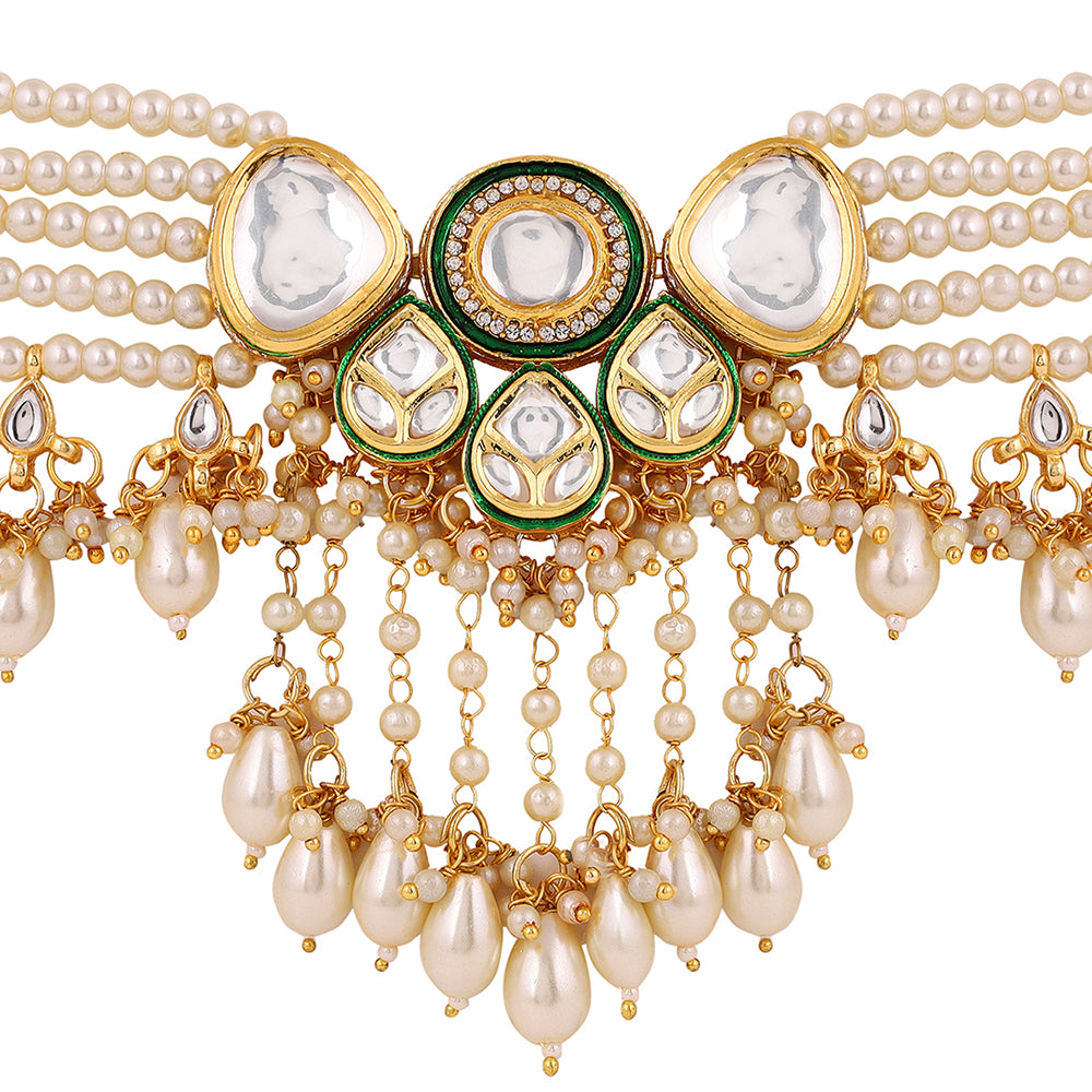 Statement Kundan Elegance Pearl Gold Plated Choker Necklace with Drop Earrings Jewellery Set