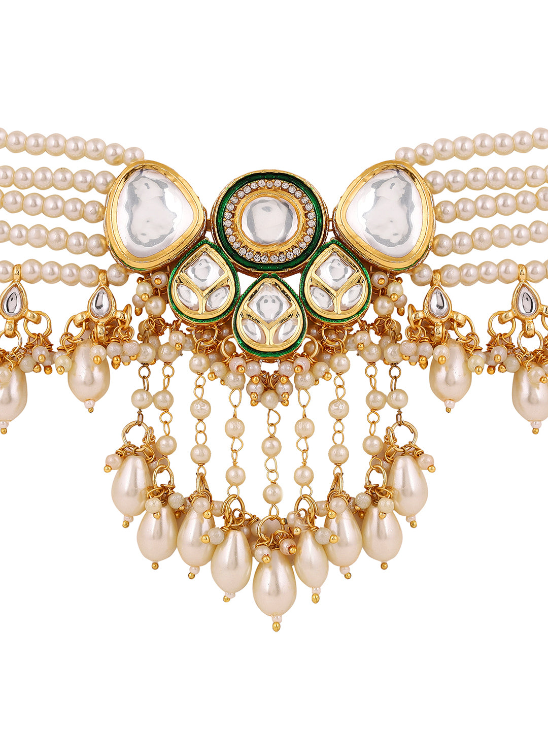 Statement Kundan Elegance Pearl Gold Plated Choker Necklace with Drop Earrings Jewellery Set