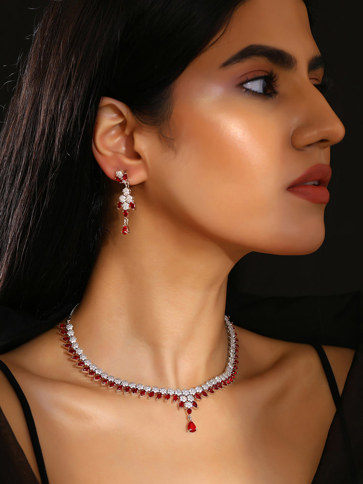 Priyaasi Red Floral AD Elegance Silver Plating Necklace with Finest Drop Earrings Jewellery Set