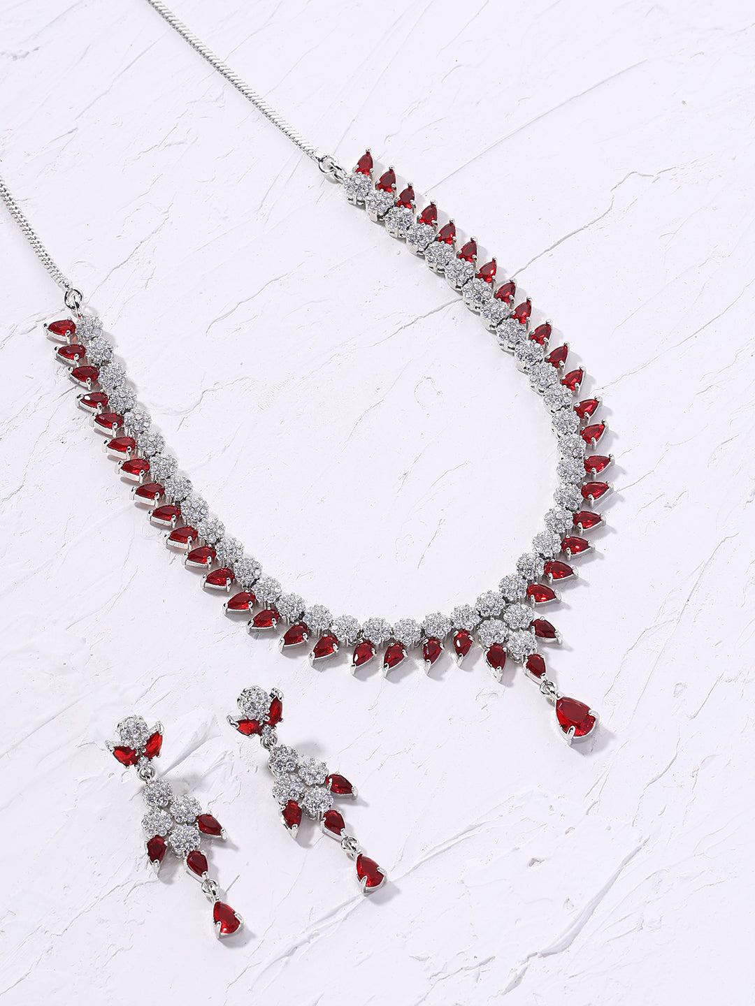 Priyaasi Red Floral AD Elegance Silver Plating Necklace with Finest Drop Earrings Jewellery Set