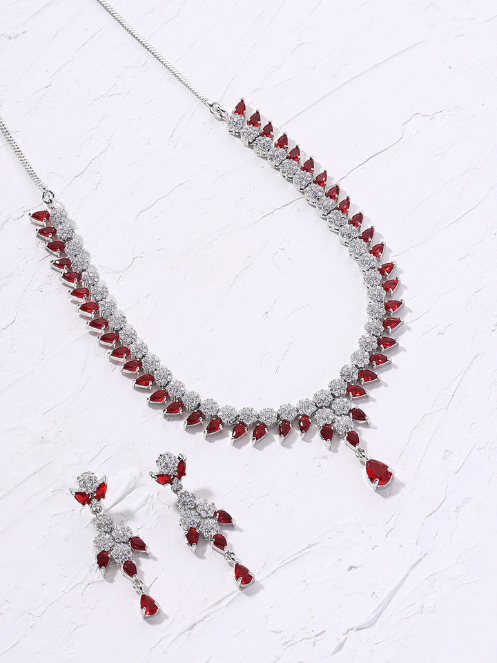 Priyaasi Red Floral AD Elegance Silver Plating Necklace with Finest Drop Earrings Jewellery Set