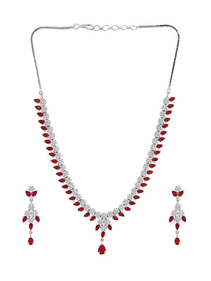 Priyaasi Red Floral AD Elegance Silver Plating Necklace with Finest Drop Earrings Jewellery Set