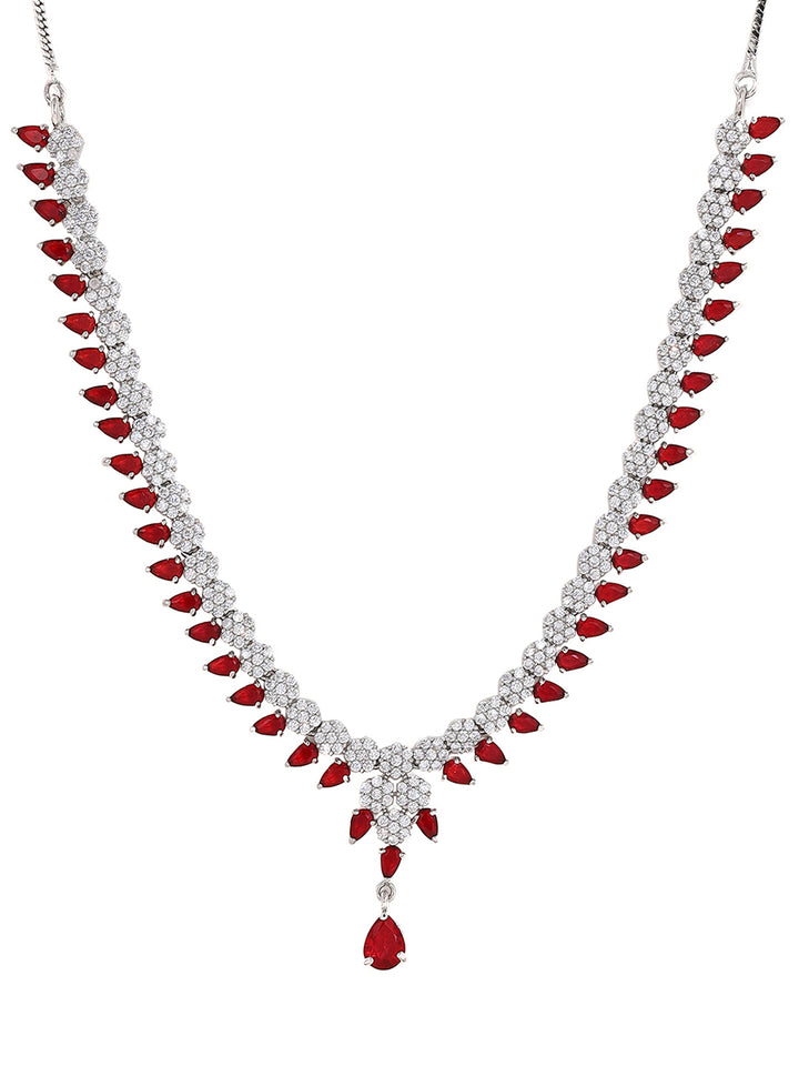 Priyaasi Red Floral AD Elegance Silver Plating Necklace with Finest Drop Earrings Jewellery Set