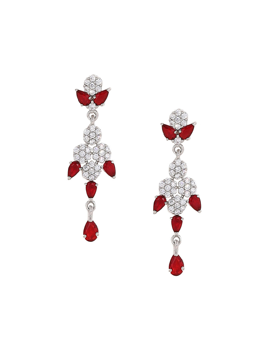 Priyaasi Red Floral AD Elegance Silver Plating Necklace with Finest Drop Earrings Jewellery Set