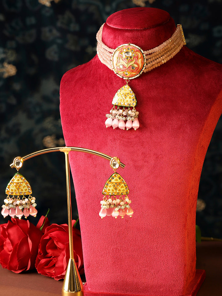 Pink Elegance Meenakari Pattern Gold Plated Chocker Necklace with Drop Style Kundan Earrings Jewellery Set