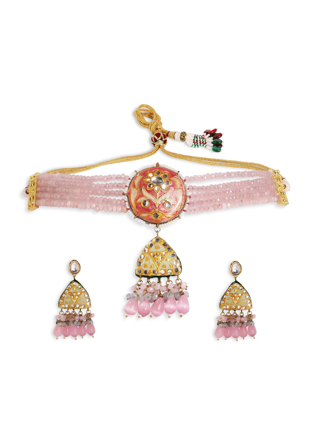 Pink Elegance Meenakari Pattern Gold Plated Chocker Necklace with Drop Style Kundan Earrings Jewellery Set