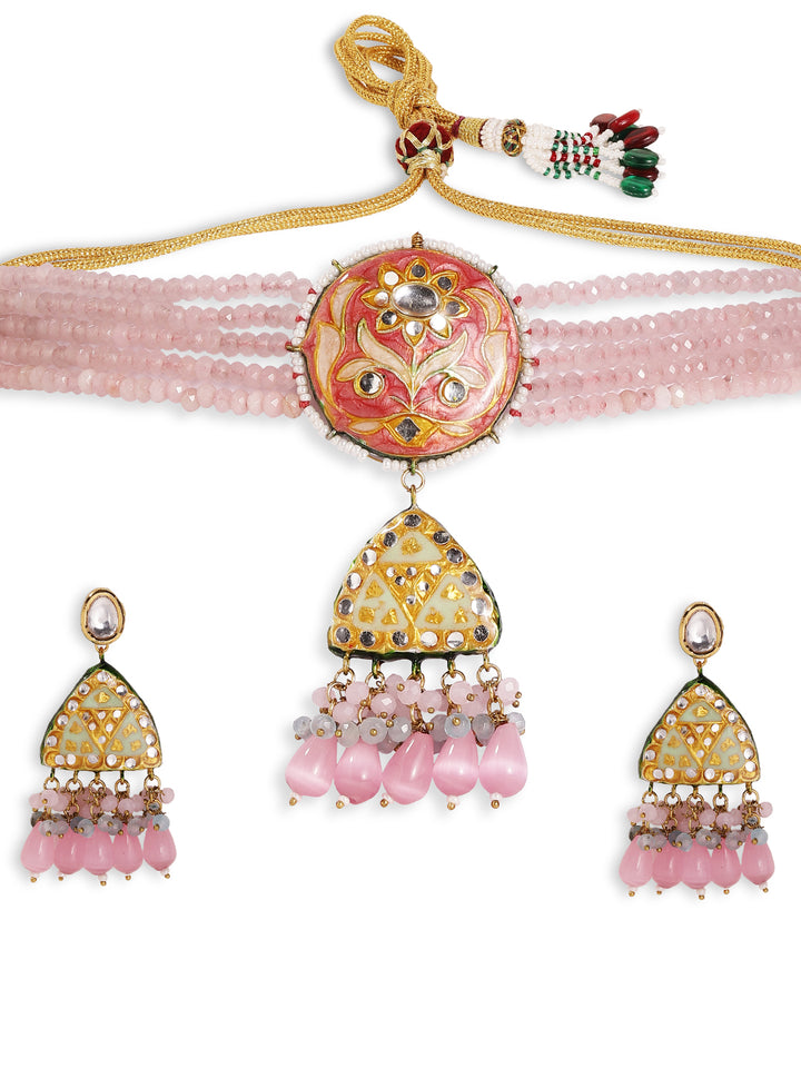 Pink Elegance Meenakari Pattern Gold Plated Chocker Necklace with Drop Style Kundan Earrings Jewellery Set