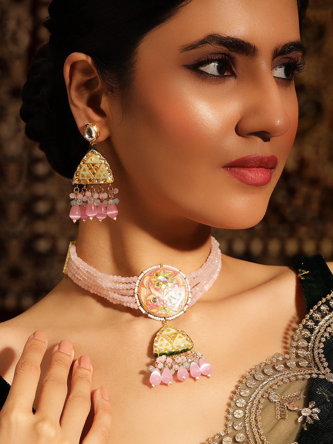 Pink Elegance Meenakari Pattern Gold Plated Chocker Necklace with Drop Style Kundan Earrings Jewellery Set