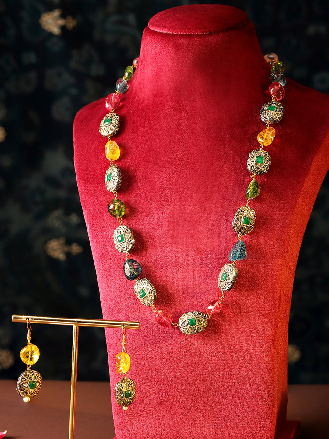 Multicolor Beads Gold Plated Statement Elegance Necklace with Drop Style Earrings Jewellery Set