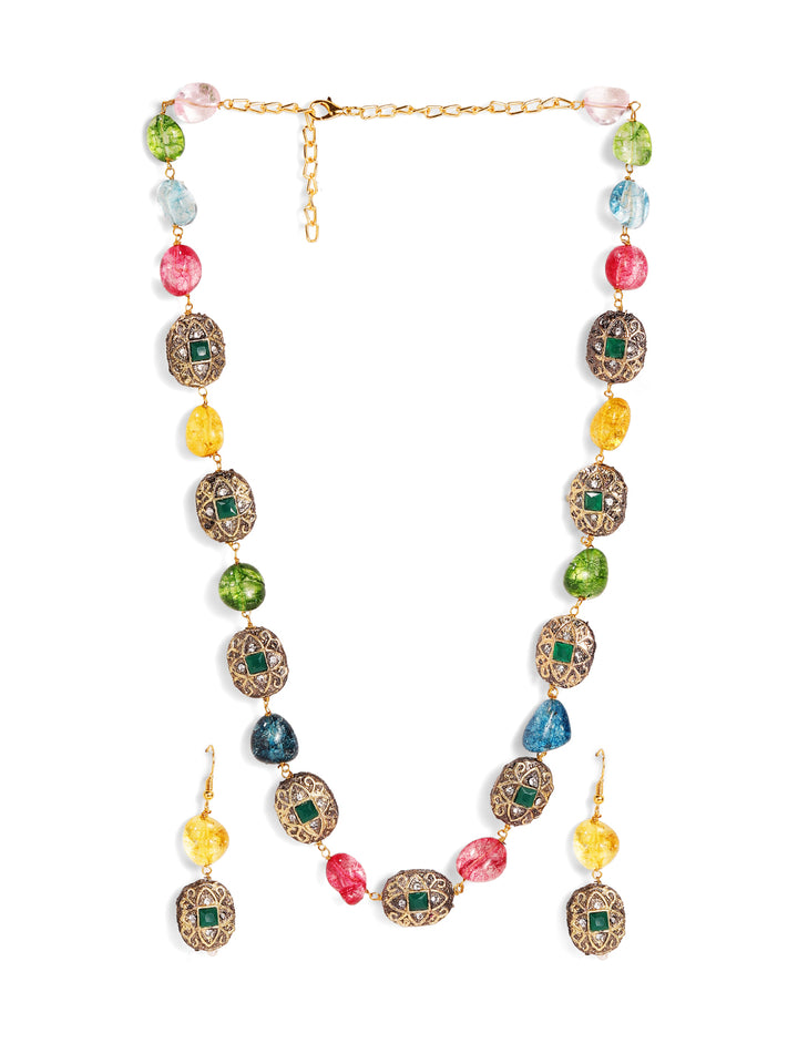 Multicolor Beads Gold Plated Statement Elegance Necklace with Drop Style Earrings Jewellery Set