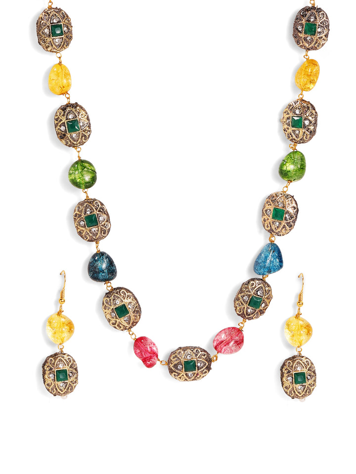 Multicolor Beads Gold Plated Statement Elegance Necklace with Drop Style Earrings Jewellery Set