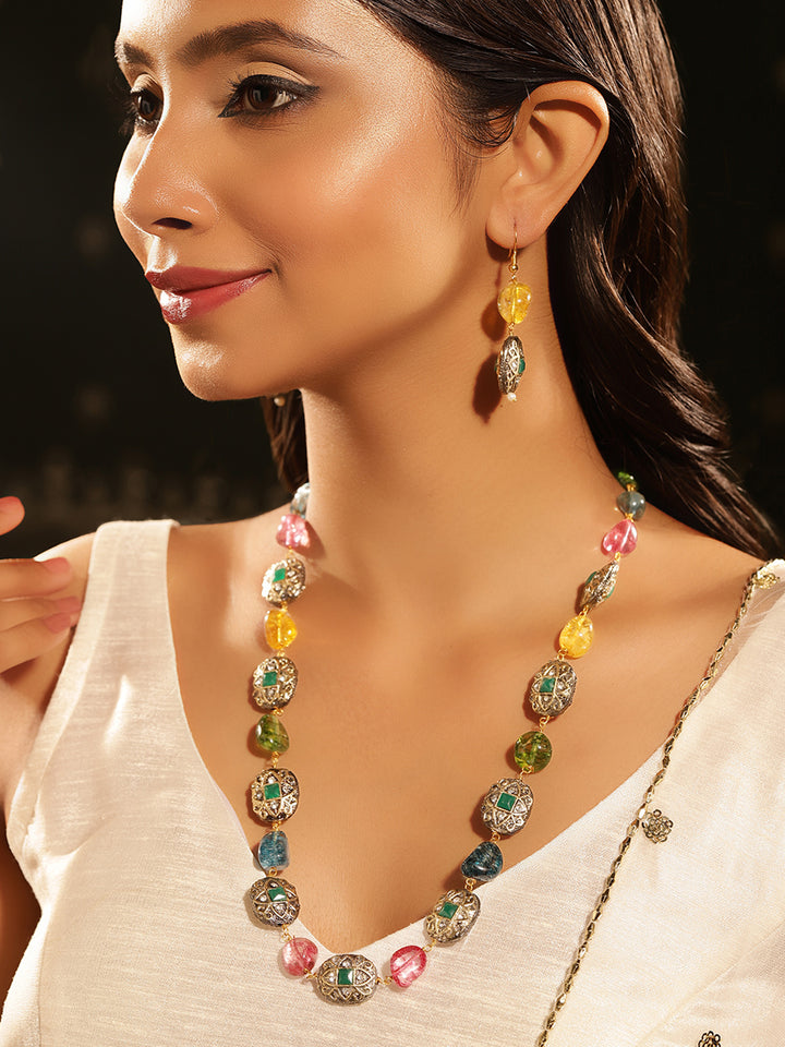 Multicolor Beads Gold Plated Statement Elegance Necklace with Drop Style Earrings Jewellery Set