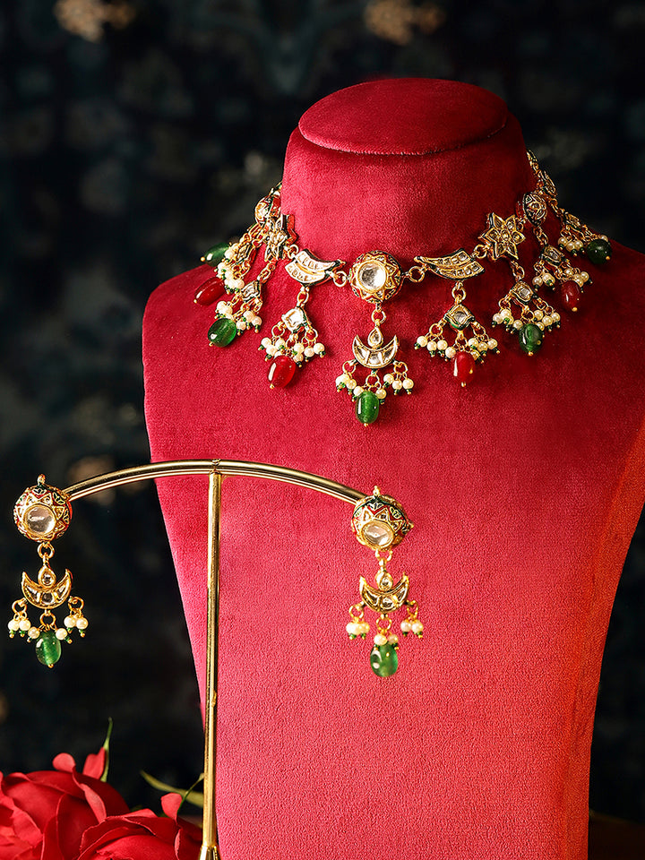 Premium Elegance Gold Plated Ruby Green Beads Kundan Necklace with Drop Style Earrings Jewellery Set