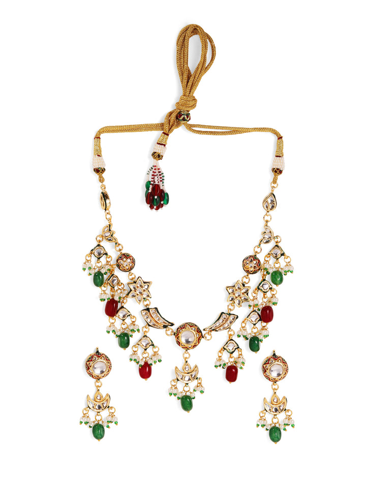 Premium Elegance Gold Plated Ruby Green Beads Kundan Necklace with Drop Style Earrings Jewellery Set