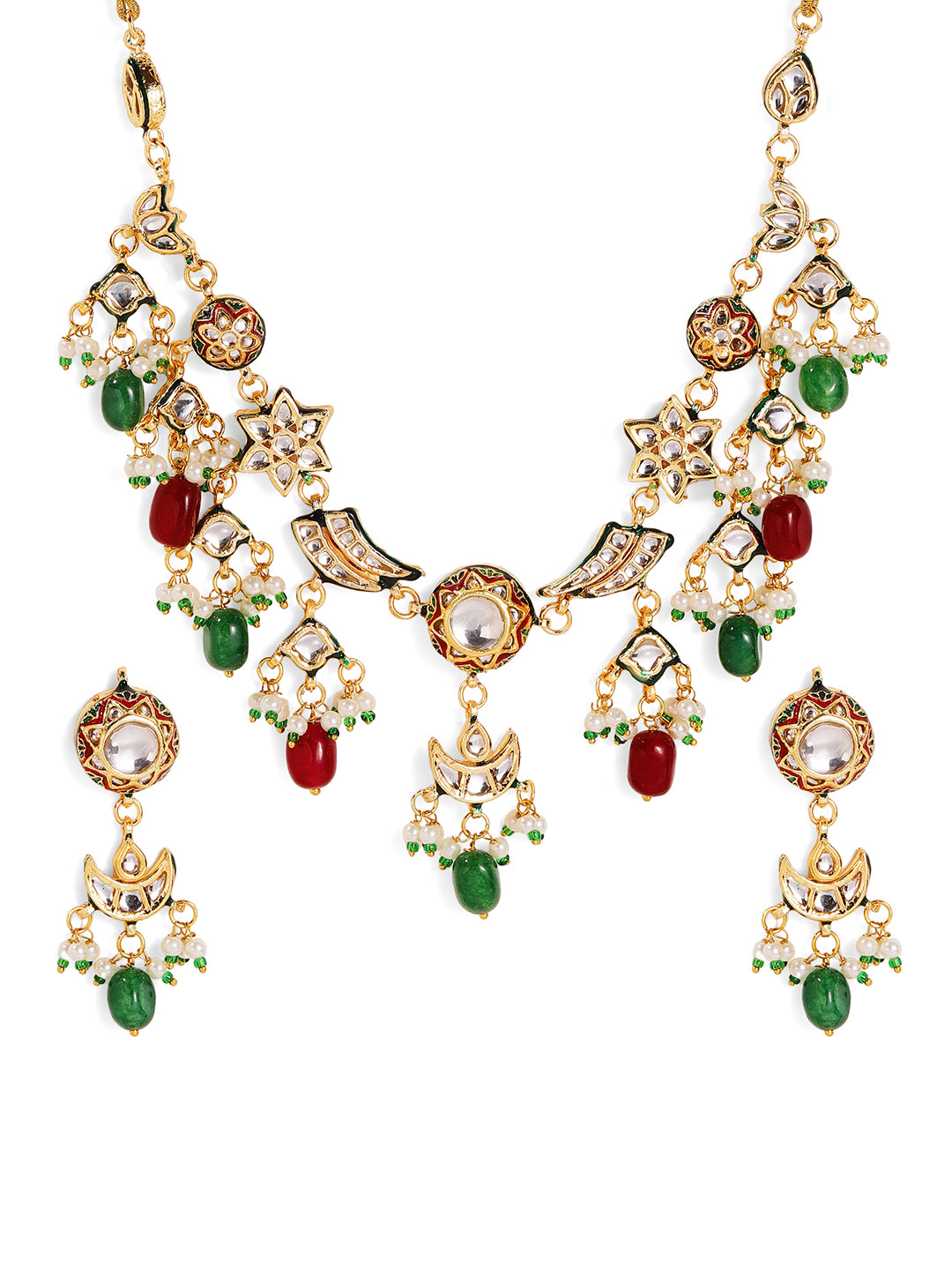 Premium Elegance Gold Plated Ruby Green Beads Kundan Necklace with Drop Style Earrings Jewellery Set