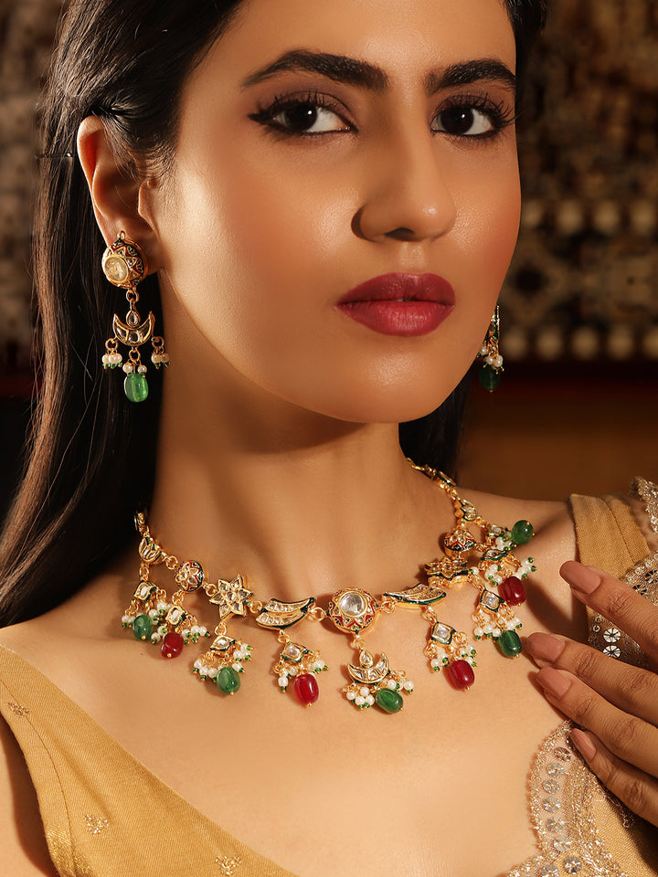 Premium Elegance Gold Plated Ruby Green Beads Kundan Necklace with Drop Style Earrings Jewellery Set