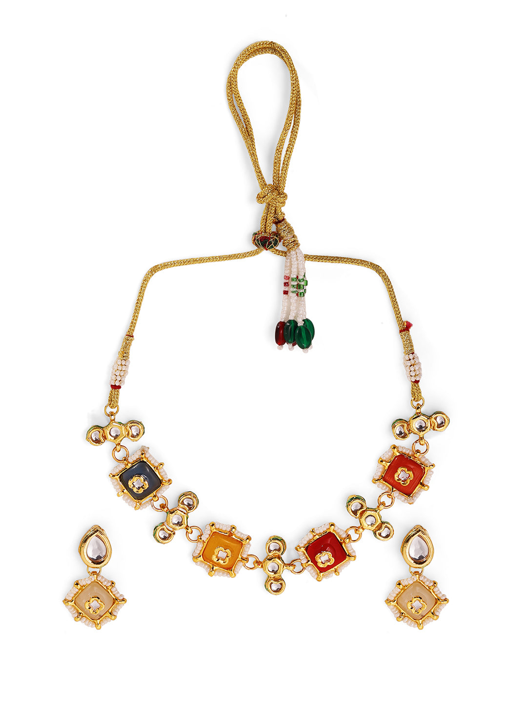 Multi Shade Stones Kundan Geometric Elegance Gold Plated Choker Necklace with Mini Drop Earrings Jewellery Set