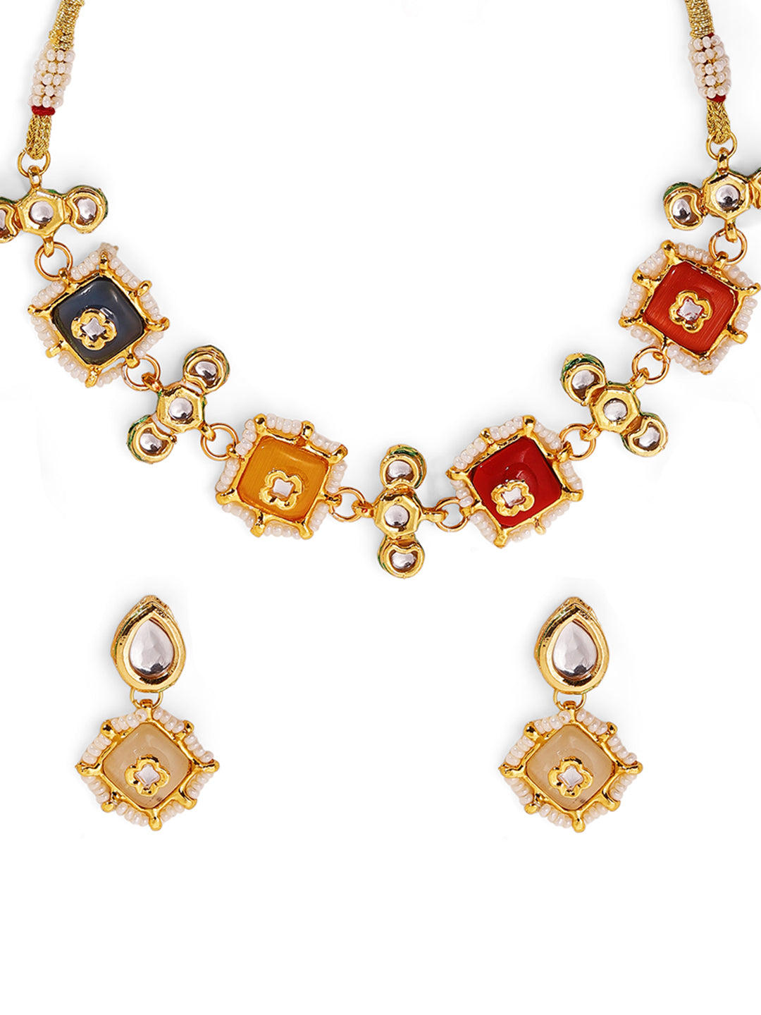 Multi Shade Stones Kundan Geometric Elegance Gold Plated Choker Necklace with Mini Drop Earrings Jewellery Set