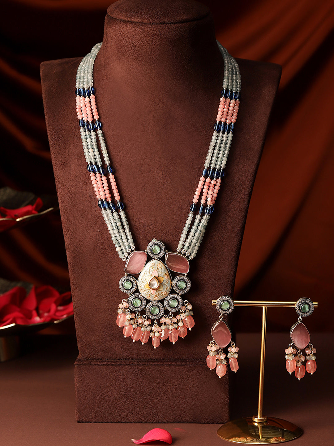 Peach Ash Elegance Meenakari Design American Diamond Necklace with Drop Style Earrings Jewellery Set