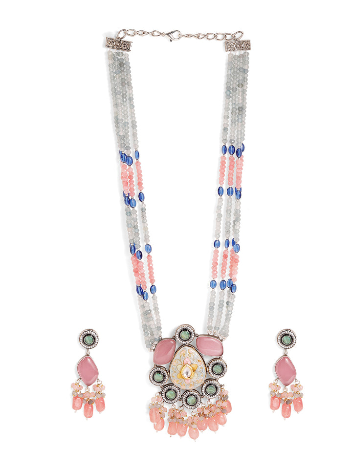 Peach Ash Elegance Meenakari Design American Diamond Necklace with Drop Style Earrings Jewellery Set