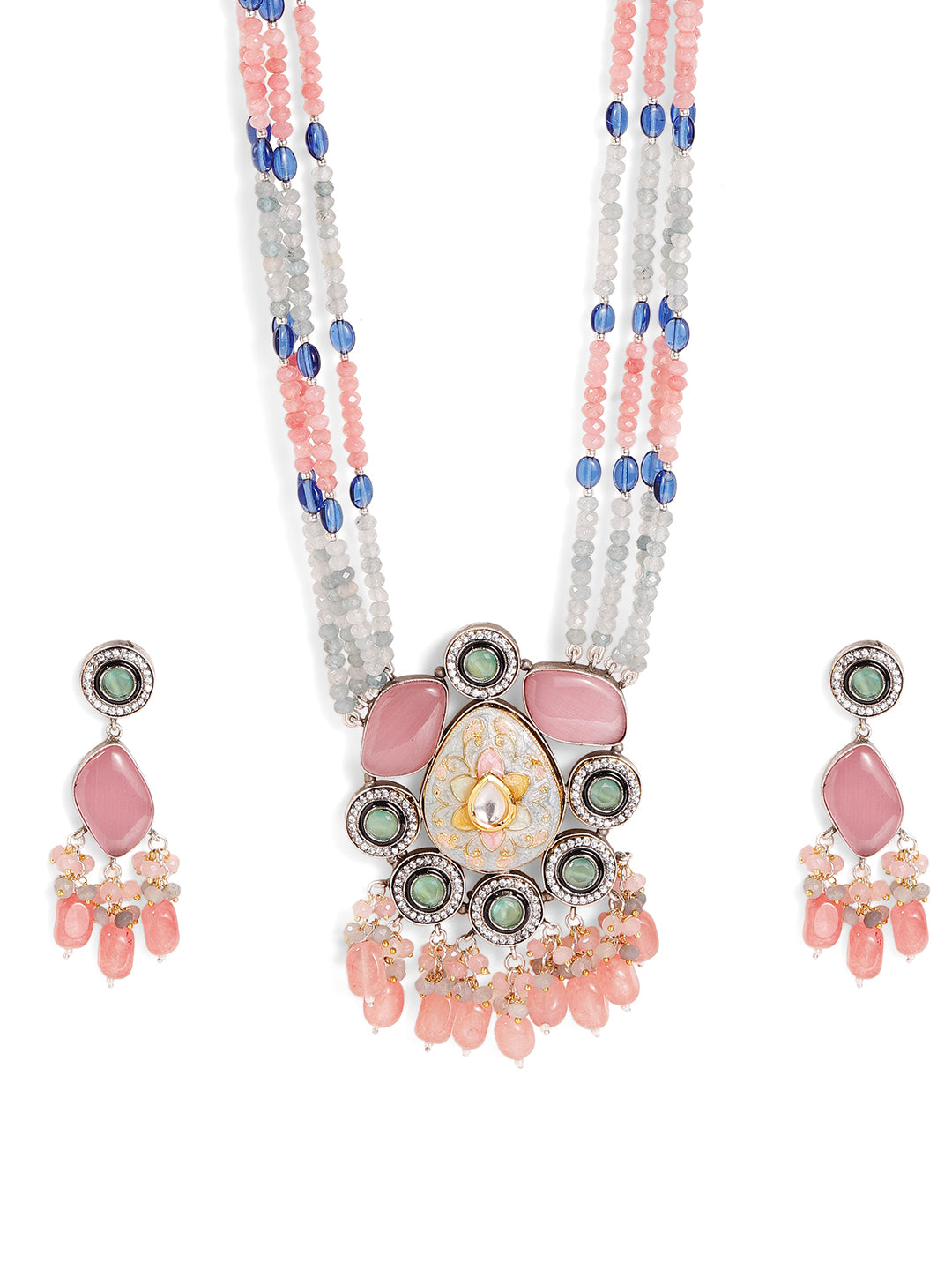 Peach Ash Elegance Meenakari Design American Diamond Necklace with Drop Style Earrings Jewellery Set