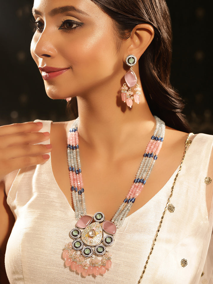 Peach Ash Elegance Meenakari Design American Diamond Necklace with Drop Style Earrings Jewellery Set