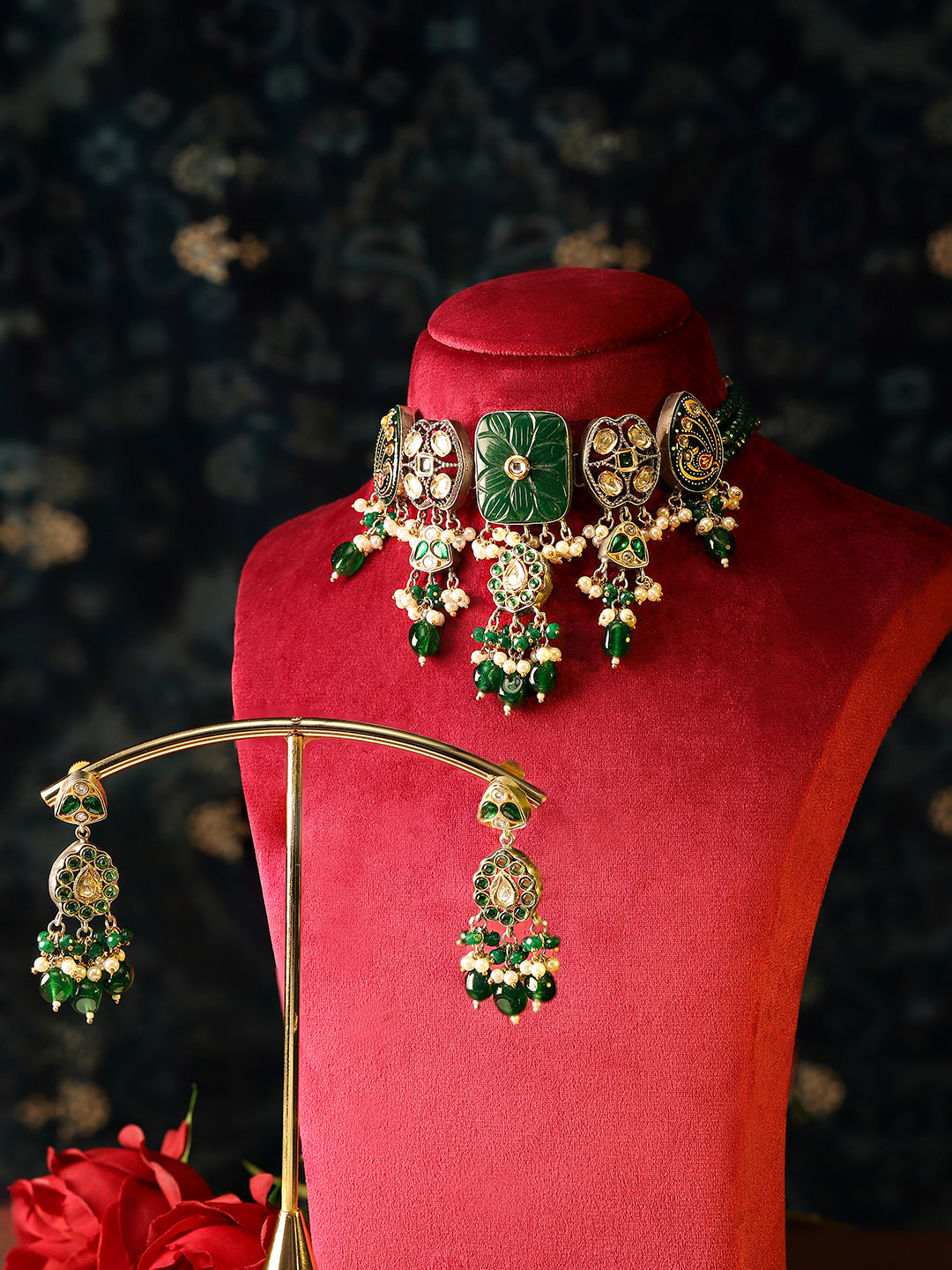 Emerald Elegance Floral Pattern Kundan Gold Plated with Mini Pearls Necklace with Drop Style Earrings Jewellery Set