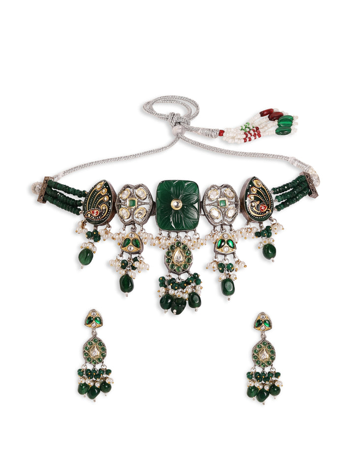 Emerald Elegance Floral Pattern Kundan Gold Plated with Mini Pearls Necklace with Drop Style Earrings Jewellery Set