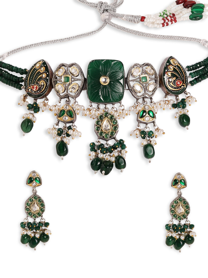 Emerald Elegance Floral Pattern Kundan Gold Plated with Mini Pearls Necklace with Drop Style Earrings Jewellery Set