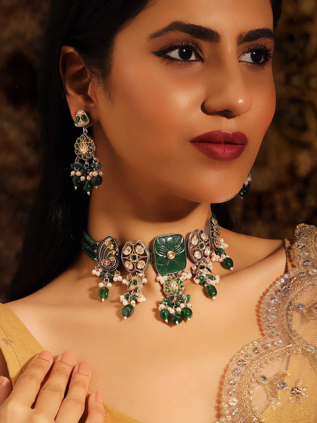 Emerald Elegance Floral Pattern Kundan Gold Plated with Mini Pearls Necklace with Drop Style Earrings Jewellery Set