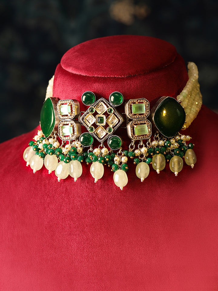 Emerald Mint Geometric Pattern with Kundan Style Gold Plated Chocker Necklace with Drop Earrings Jewellery Set