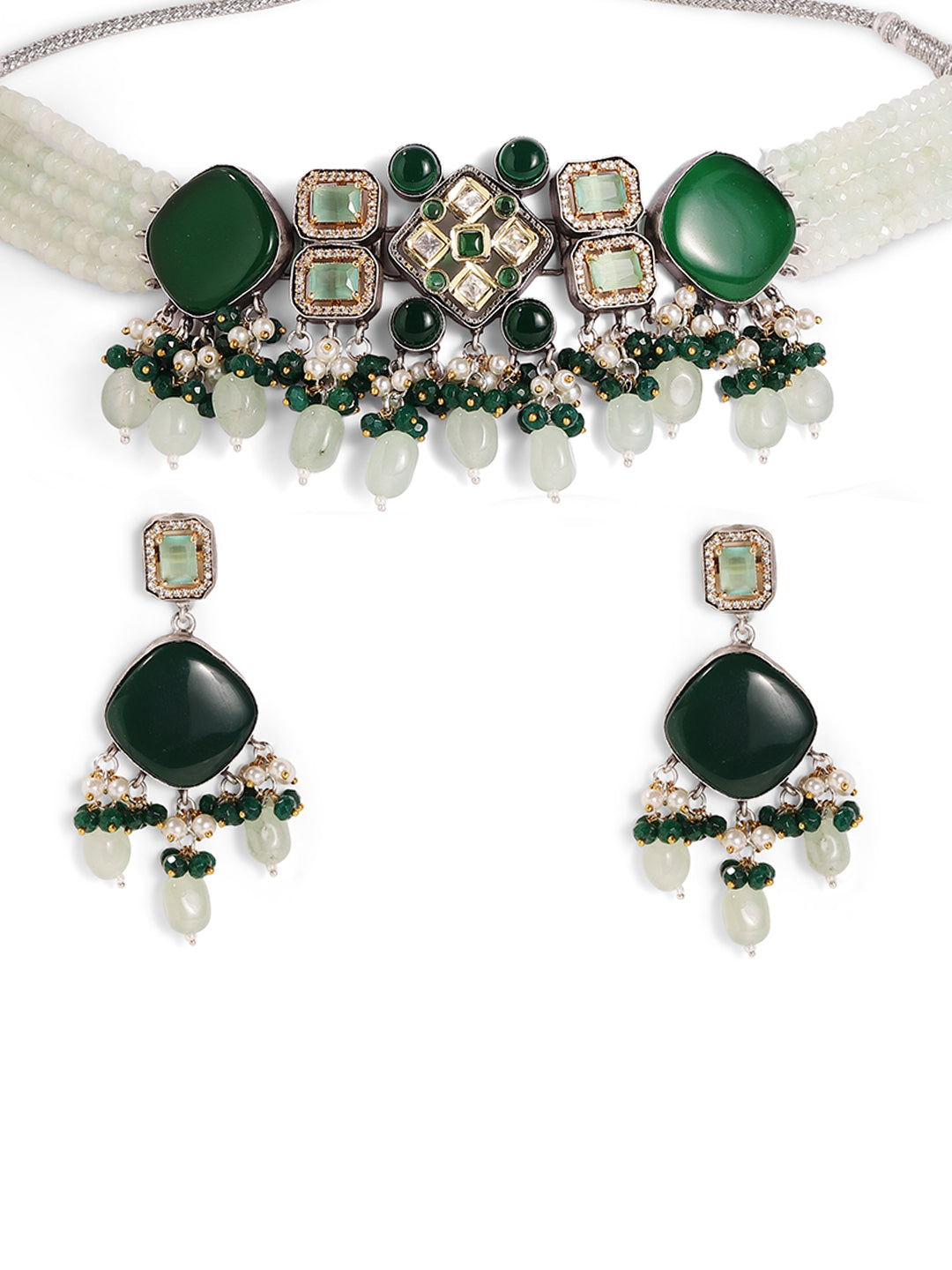 Emerald Mint Geometric Pattern with Kundan Style Gold Plated Chocker Necklace with Drop Earrings Jewellery Set