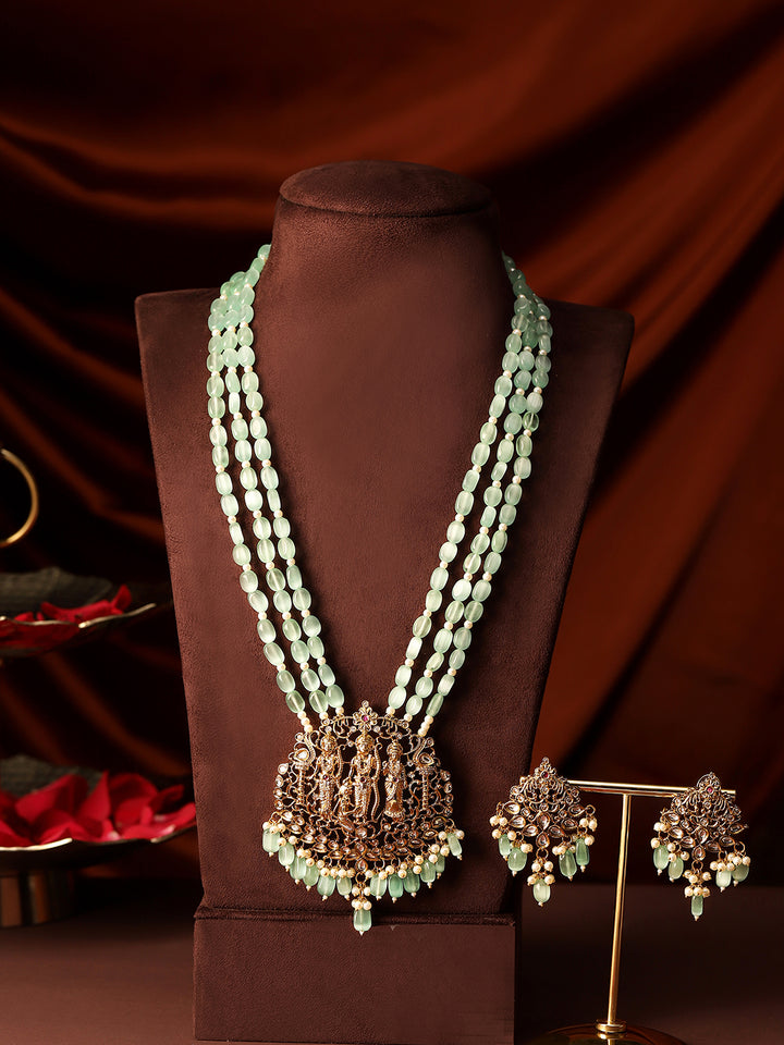 Mint Glossy Beads God Pattern Gold Plated AD Necklace with Mini Drop Style Earrings Jewellery Set