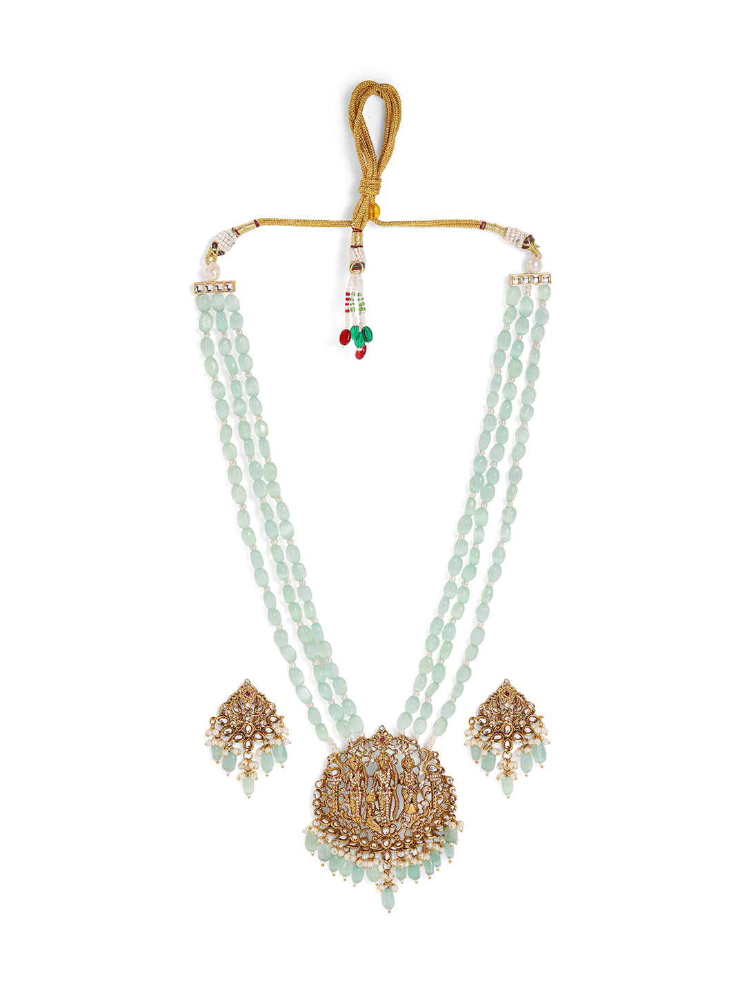 Mint Glossy Beads God Pattern Gold Plated AD Necklace with Mini Drop Style Earrings Jewellery Set