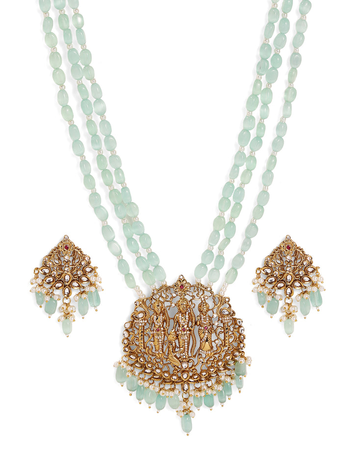 Mint Glossy Beads God Pattern Gold Plated AD Necklace with Mini Drop Style Earrings Jewellery Set