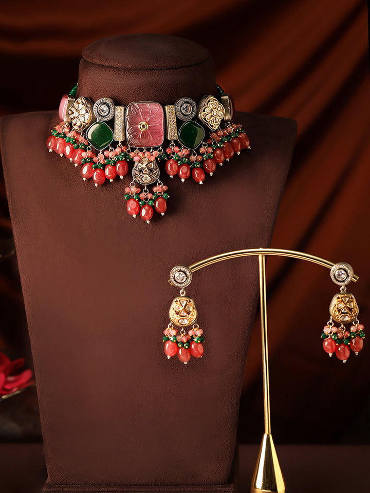 Emerald Ruby Elegance with Geometric Pattern Gold Plated Choker Necklace with Kundan Drop Earrings Jewellery Set