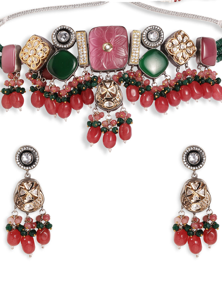 Emerald Ruby Elegance with Geometric Pattern Gold Plated Choker Necklace with Kundan Drop Earrings Jewellery Set