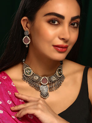 Priyaasi Silver Plated Pink Rose Quartz Oxidized Jewellery Set