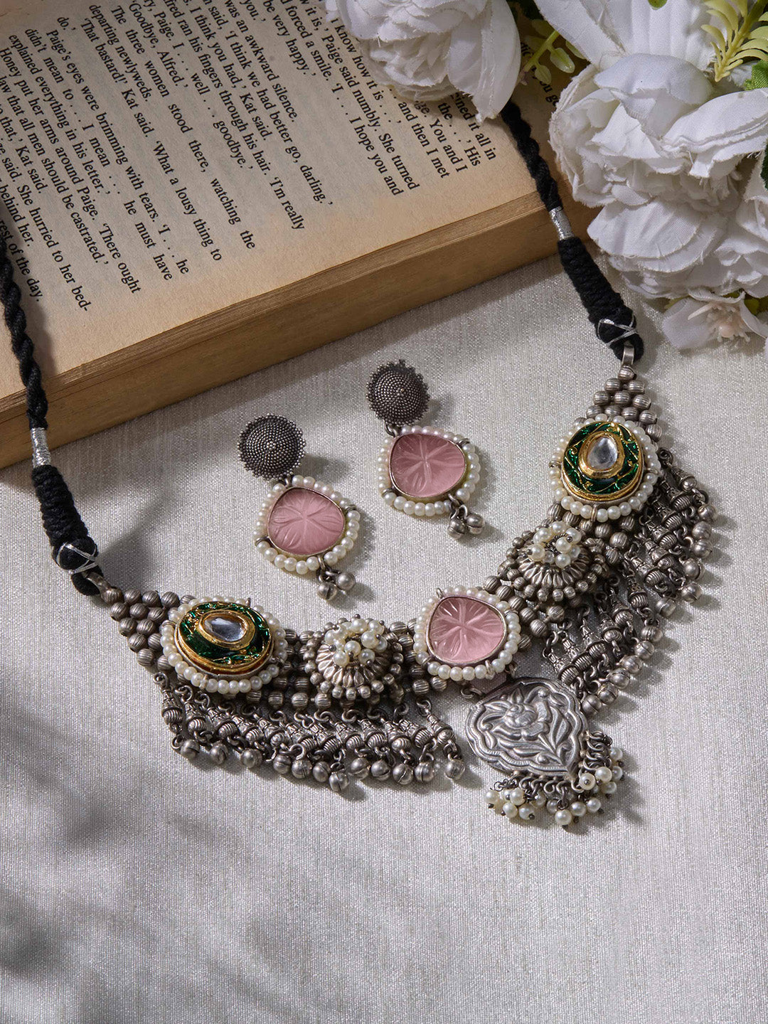 Priyaasi Silver Plated Pink Rose Quartz Oxidized Jewellery Set