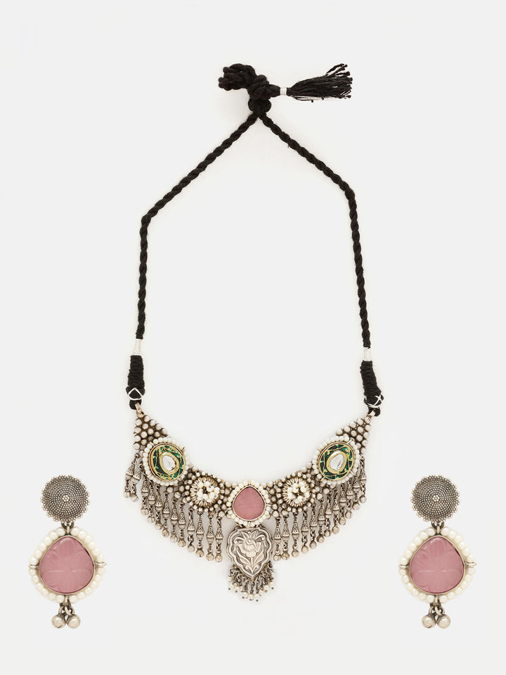 Priyaasi Silver Plated Pink Rose Quartz Oxidized Jewellery Set