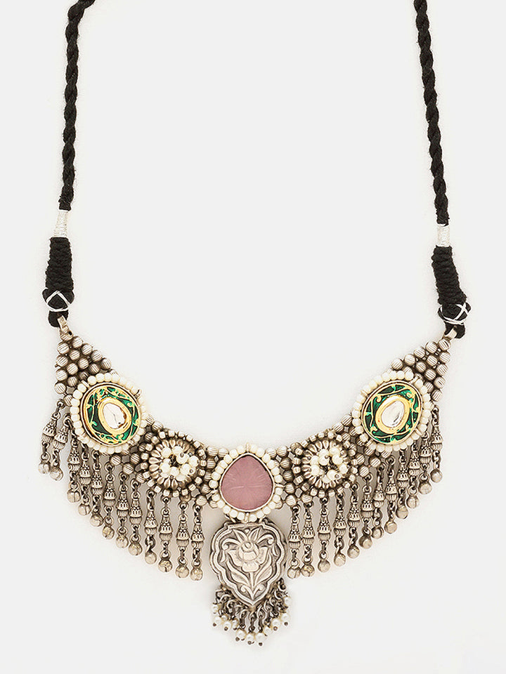 Priyaasi Silver Plated Pink Rose Quartz Oxidized Jewellery Set