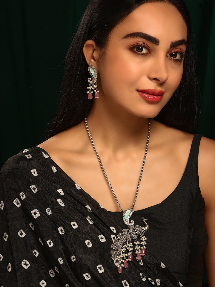 Priyaasi Silver Plated Pink Beaded Oxidized Peacock Jewellery Set