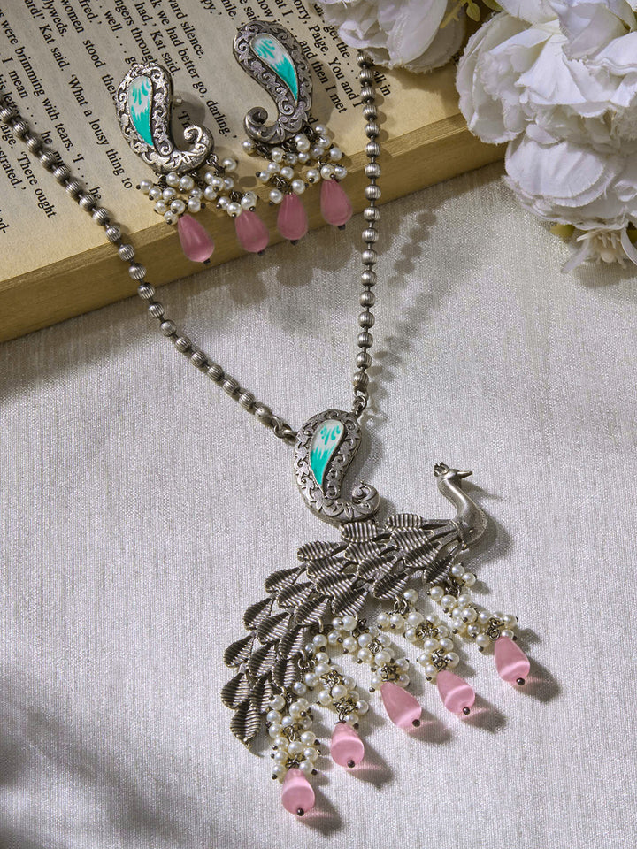 Priyaasi Silver Plated Pink Beaded Oxidized Peacock Jewellery Set